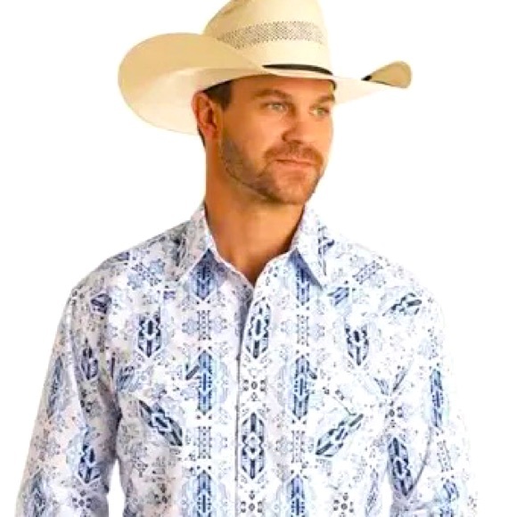 NWOT Rough Stock PANHANDLE Aztec🔹Two Tone Blue Pearl Snap Mens Shirt SZ S - Picture 2 of 7